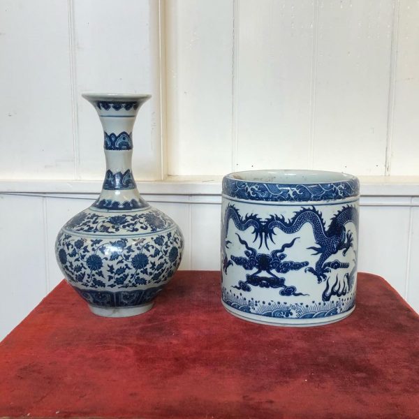 Blue And White Chinese Ceramic Brush Pot And Vase