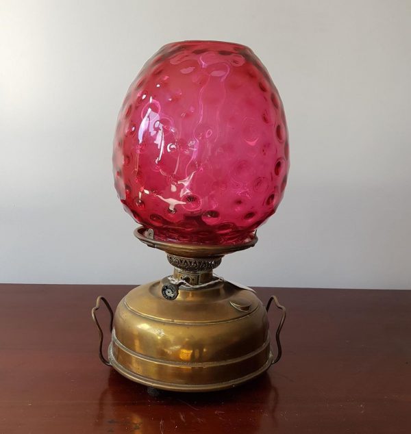 Brass Oil Lamp Cranberry Shade