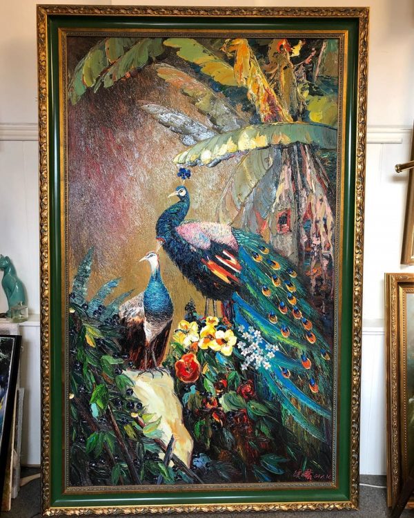 Large Peacock Oil Painting Gold Gilt Frame